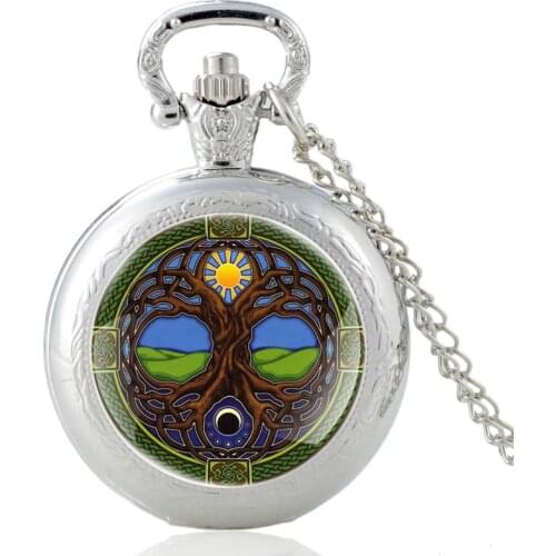 Sun Moon Tree of Life Silver Vintage Quartz Pocket Watch Pendant Clock Watch Men Women Necklace Gifts