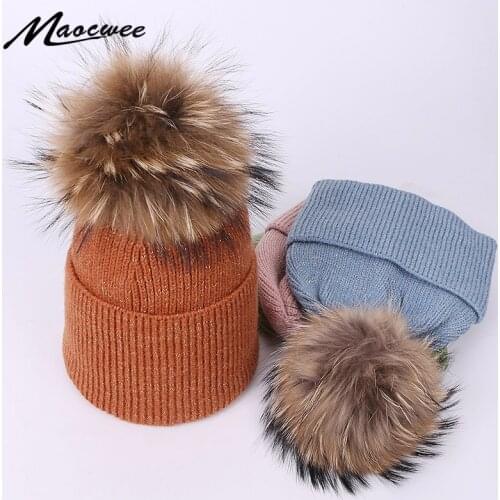 Beanie Hat With Real Fur Pompon For Women Winter Autumn Knitted Warm Thick Hats Solid Color Fashion Female Bonnet Soft Ski Cap