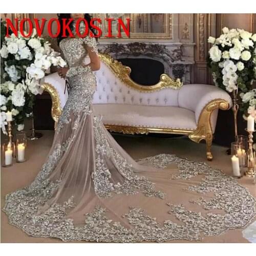 Long Sleeves Mermaid Wedding Dresses 2019 High Neck Crystal Beads Appliques Trumpet Long Train Arabic Illusion Bridal Gowns