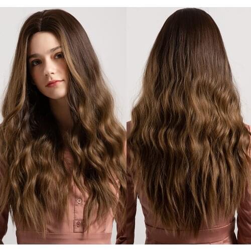 Ombre Dark Honey Brown Synthetic Wigs Middle Part Long Deep Wavy Wigs for Women Daily Party Cospaly Faker Hair Heat Resistant