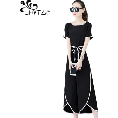 UHYTGF Fashion women sets New wide-leg pants business summer two piece set women short top with belt elegant suits for women 984