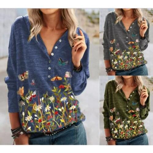 2021 New Summer Streetwear Women Floral Butterfly Print Casual V-Neck Long Sleeved Shirt Oversize Tee Shirts Tops Women Clothing