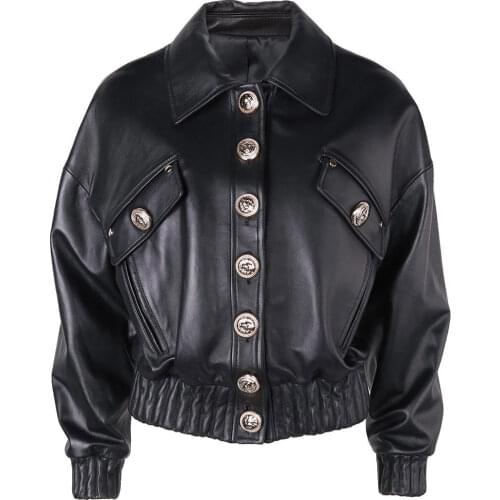YOLOAgain 2021 New Design Golden Buttons Women Genuine Leather Jacket Ladies Bomber Biker Jacket