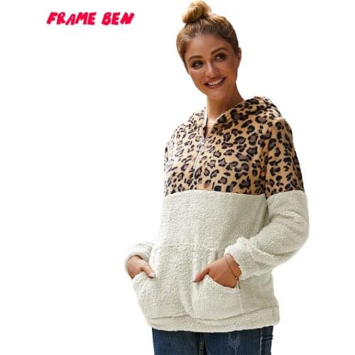 FRAME BEN Hooded Hoodies Women 2019 Autumn Winter Long Sleeve Leopard Patchwork Zipper Hoodies Sweatshirt Hoody Pullovers