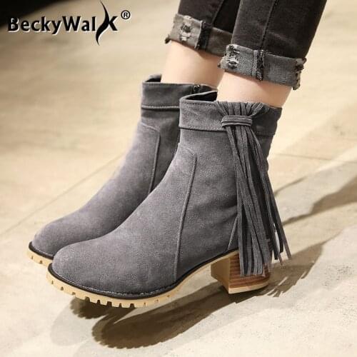 Winter Autumn femmes bottes Faux Suede Ankle Boots Women Tassels Thick High Heels Womens Boots Large Size Shoes Woman WSH3731