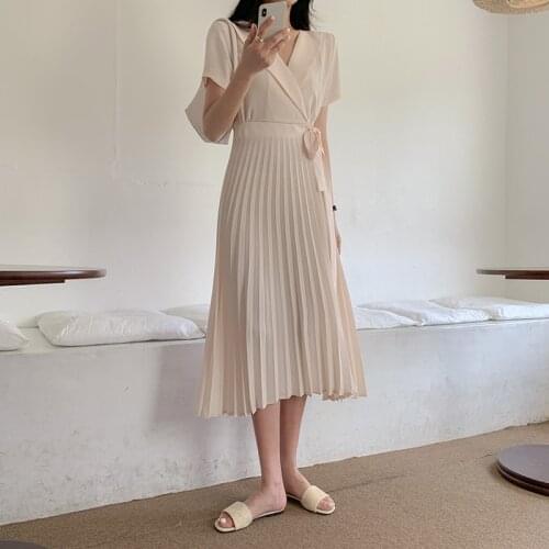 2021 Long Wrap Dress Sashes High Waist Pleated Dresses Women Summer Elegant Turn-Down Collar Beige