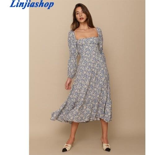 Vintage Prairie Chic Floral Print Dress Women Sexy Square Neck Long Sleeve A-line Elegant Long Dress Summer Chiffon Robe