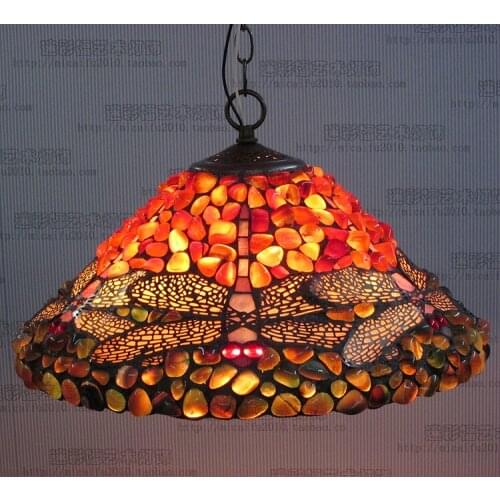 16inch Antique Agate Jade Dragonfly Stained Glass Lampshade Tiffany Pendant Lamp Country Style Bedside Lamp E27 110-240v