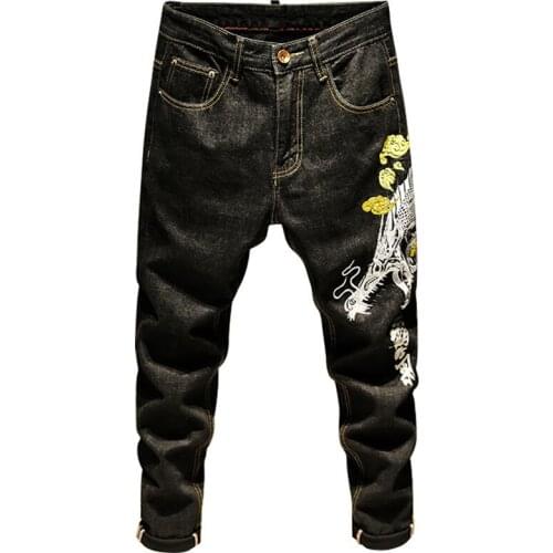 2020 New Arrival Hot Sale Pattern Style Full Length Medium Men Biker Jeans Embroidery Straight Tube Loose Big Pants Light