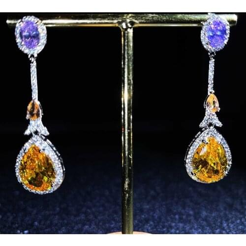 Boho Vintage Water Drop Long Earrings Yellow Purple Crystal Zircon Luxury Charm Jewelry For Women Wedding Christmas Gifts