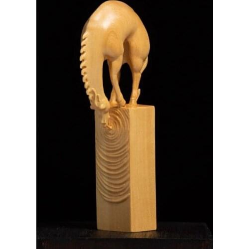 CCZHIDAO Horse Drinking River Chinese Boxwood Solid Wood Seal Animal Sculpture Carrying Lucky Zodiac Carving Home Decoration
