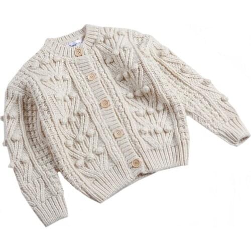 Korean Style Autumn Winter 1-10Yrs Kids Cardigan Sweaters Coat Solid Color Handmade Wool Ball Baby Girls Knitting Cardigan