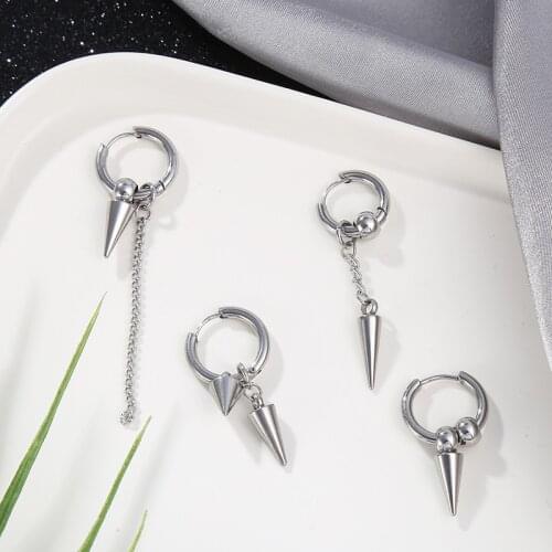 QiLuxy Stainless Steel Long Chain Punk Earrings for Women Men Geometric Pendant Hoop Earrings Hip Hop Street Pop Ear Jewelry