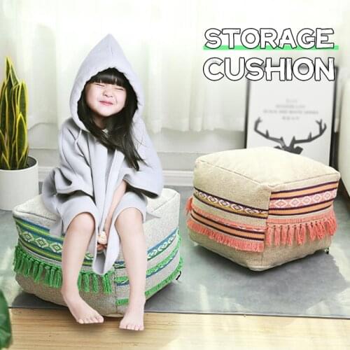 Square Multi-Pattern Moroccan Cotton And Linen Footstool With Tassel Pouffe Ottoman Pouf Cover Vintage Handmade Unstuffed