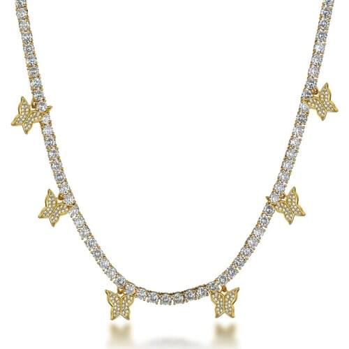 Iced Out Bling Butterfly Choker Pendant Necklace For Women Men Gold Silver Color With 4mm Tennis Chain Hip Hop Jewelry Gifts