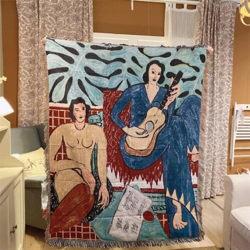 Matisse Oil Painting Tapestry Girl Holding Guitar Single Seat Sofa Cover Full Cover Cloth Multifunctional throws Line Blanket