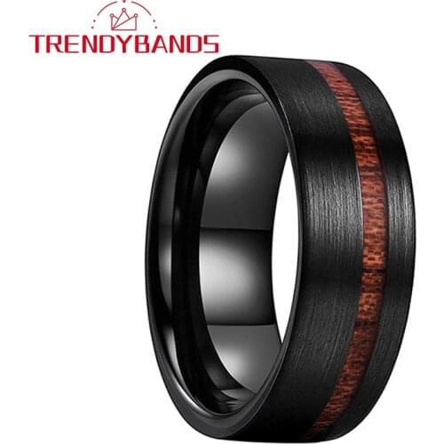 Real Wood Inlay Mens Tungsten Carbide Rings Wedding Bnads Pipe Cut Brushed Finish Comfort Fit
