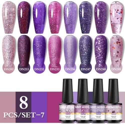 MEET ACROSS 3/8Pcs Gel Nail Polish Set Glitter Semi Permanent Hybrid Gel Varnish Base Top Coat Soak Off UV LED Nail Art