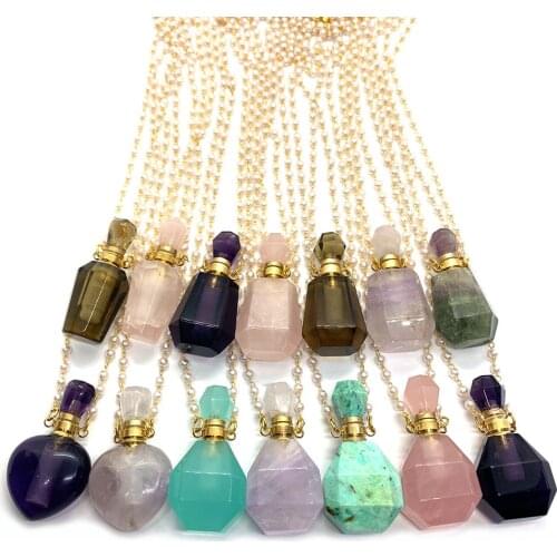 Natural Stone Perfume Bottle Necklace Amethyst Pendant Perfume Bottle Double Hole Necklace Essential Oil Aroma Diffuser Bottle