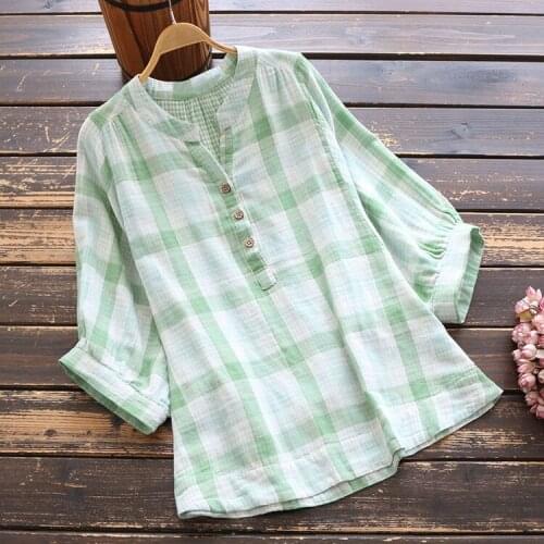 New Summer womens clothing Cotton Shirt Mori Girl Casual Literary Plaid Half Blouse Sleeve Loose V-Neck Pullover Tops Women