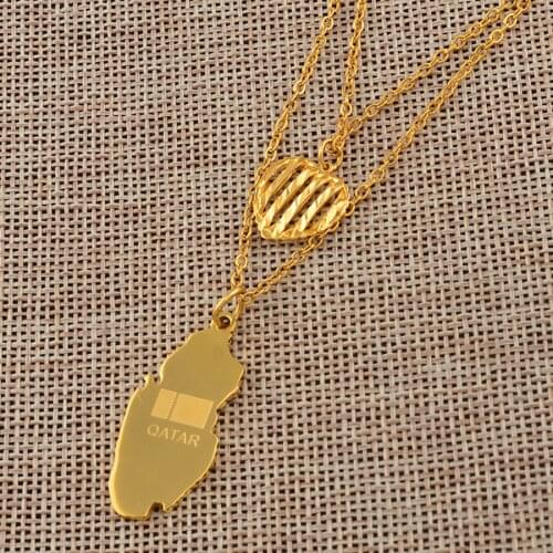 Anniyo Charm Heart and Qatar Map Pendant Necklaces for Womens Girls Gold Color Jewelry Maps #141106