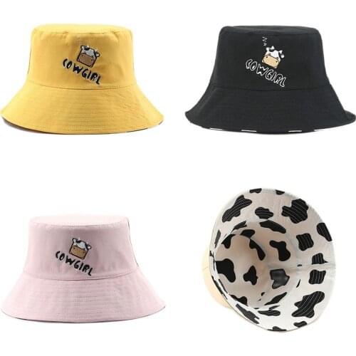Cute Summer Reversible Bucket Hats for Women Cows Embroidery Cartoon Fisherman Hat Outdoor bob Sunscreen Hip Hop Panama Cap