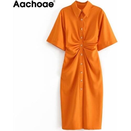 Aachoae Women Chic Fashion Button-up Draped Midi Shirt Dress Vintage Short Sleeve Side Zipper Female Tunic Dresses Vestidos