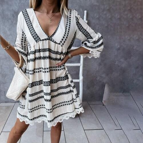 Women Casual Loose Striped Print A-Line Dress 2021 Summer V Neck Lace Beach Party Dresses Ladies Fashion Vintage Mini Dress