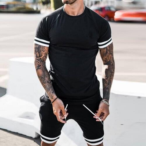 Casual Two Piece Set For Men Fashion Striped Letter Print Mens Tracksuit Summer Sports O Neck Tops And Drawstring Shorts Outfits