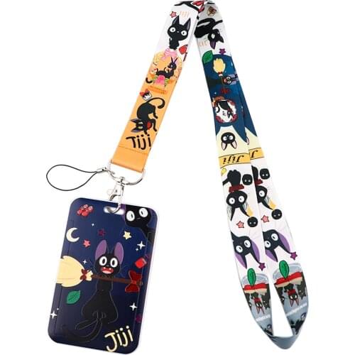 PF657 Japanese Anime Black Cat Keychain Ribbon Lanyards for Keys ID Card Phone Straps Hanging Rope Lariat Students Badge Holder
