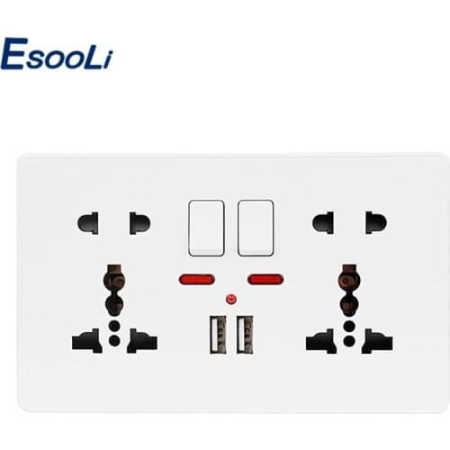 Esooli Wall Power Socket Double Universal 5 Hole Switched Outlet 2.1A Dual USB Charger Port LED indicator 146mm*86mm