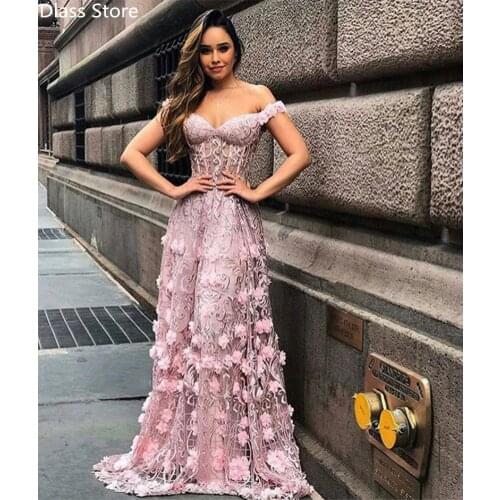 Pink Prom Dresses 2020 A-line Laces Off Shoulder Sweetheart Neck Flowers Floor Length Illusion Evening Dress платья знаменитосте