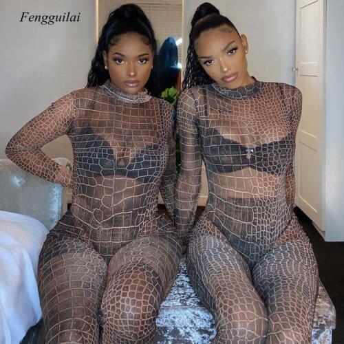 Sexy Stripe Animal Stripe Print Mesh Suit Womens 2021 Autumn and Spring Long Sleeve Round Neck Perspective Jumpsuit