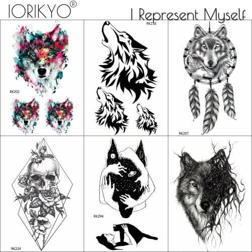 IORIKYO DIY Black Wolf Temporary Tattoo Women Body Art Drawing Geometric Tattoo Stickers Men Totem Death Skull Waterproof Tatoo