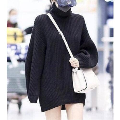 High grade pure goat cashmere striped knit women piles collar wide loose thick pullover sweater mid long black 2color S-XL