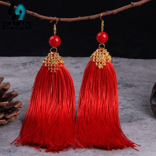 Yunnan national feng shui drizzle earrings long section of China wind cheongsam bride red personality earrings hanging ear