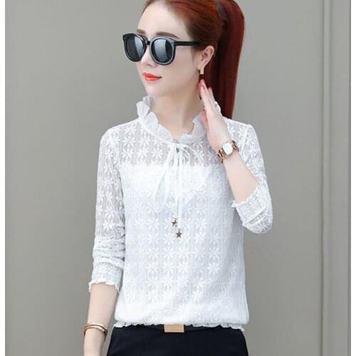 Women Spring Autumn Style Lace Blouses Shirts Lady Casual Stand Collar Long Sleeve Lace Blusas Tops DD8025