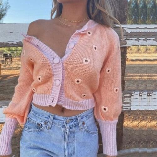 Forlove autumn womens love hollow out pleated rib short knitted jacket sweater cardigan