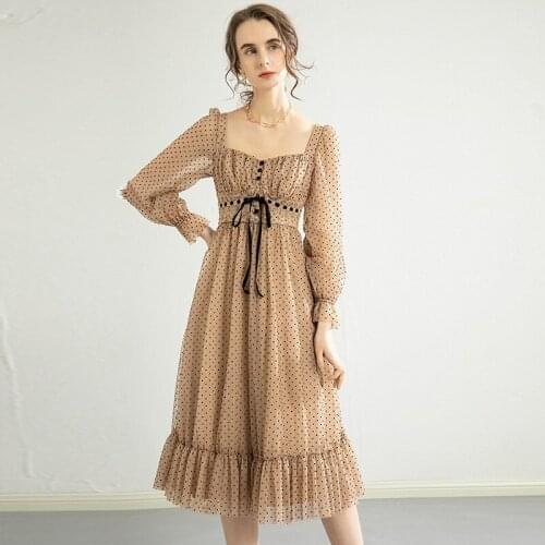 French Vintage Midi Dress Square Collor Long Puffer Sleeve Elegant Dress For Office Lady Female Spring Autumn Dot Dress Korean