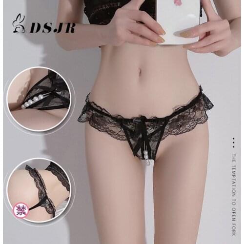 Women Sexy Lingerie Feminine Perspective Lace Massage Pearl Underpanties Home Thong T-Back Passion SM Pron Crotch Hollowed Out