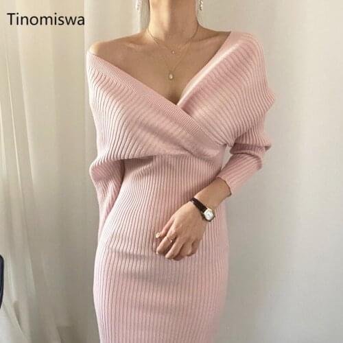 Long-sleeved Sweater Knitted Dresses Autumn Cross Strapless V-neck Women Dress Striped Stretch High Waist Bodycon Vestidos