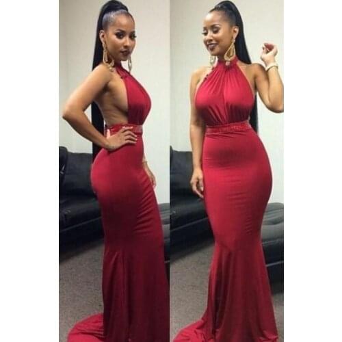 Womens Long Halter Mermaid Bodycon Prom Dresses with Beaded Belt Robe De Soiree Sexy Back Red Formal Party Dresses