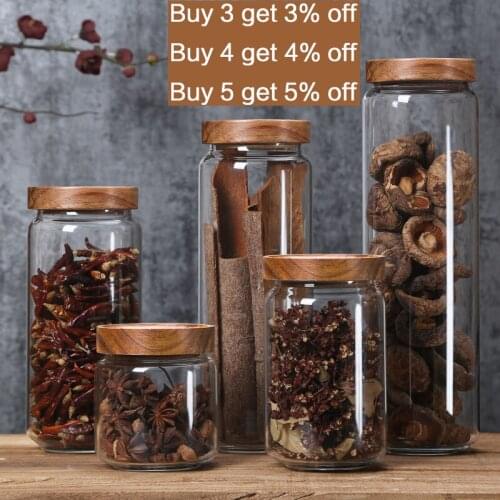 1550ml Creative Household Transparent Glass Storage Jar Retro Acacia Wood Cover Sealed Jar Multigrain Storage Box Kitchen Bottle