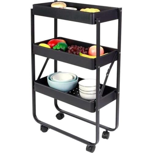 Black 3Tier Folding Storage Utility Cart Organizer with Wheels for Kitchen Living Room Office