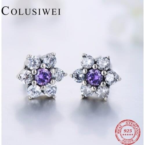 COLUSIWEI Top Quality Real 925 Sterling Silver Snow Stud Earrings Fashion Flower Purple Crystal CZ for Women Wedding Jewelry