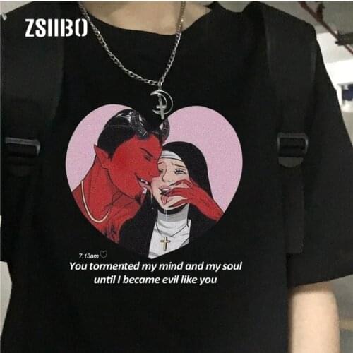 Harajuku New Devil Dark Letters Print Fun Loose Short Sleeve Tops tees Cartoon Casual Ulzzang Female Vintage Gothic T-Shirt