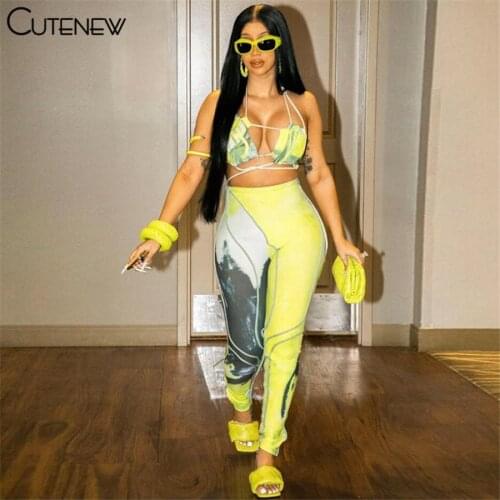 Cutenew Fashion Art Print Two Piece Set Women Outfits Sexy Cleavage Slash Neck Crop Tops + Pants Matching Casual Lady Streetwear