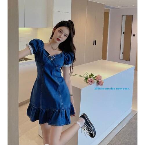 Summer Vintage Puff Short Sleeve with Lace V-Neck Mermaid Woman Dress Short Mini Denim Dresses YOU526