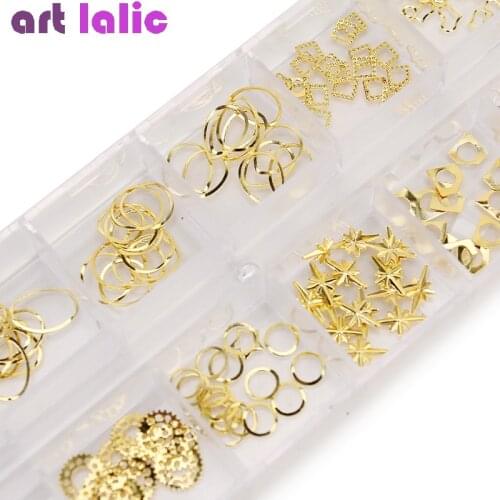 12 Grid Mixed Shape Metal Alloy Sheet Gears Nail Art Decoration Hollow Accessories Tips DIY Design UV Gel Polish Manicure Tools