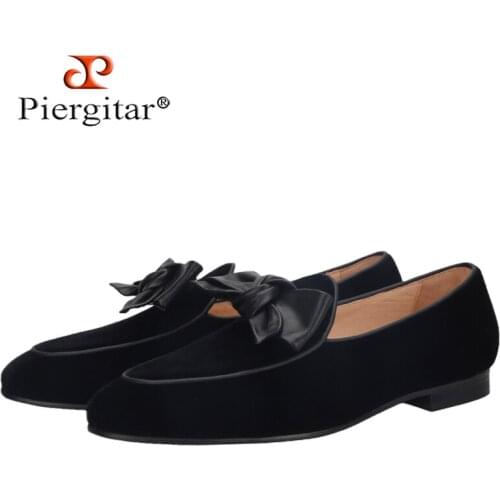 Piergitar Superior Quality Black Velvet Men Moccasin Handmade Leather Bow Tie Mens Loafers British Classic Style Smoking Shoes